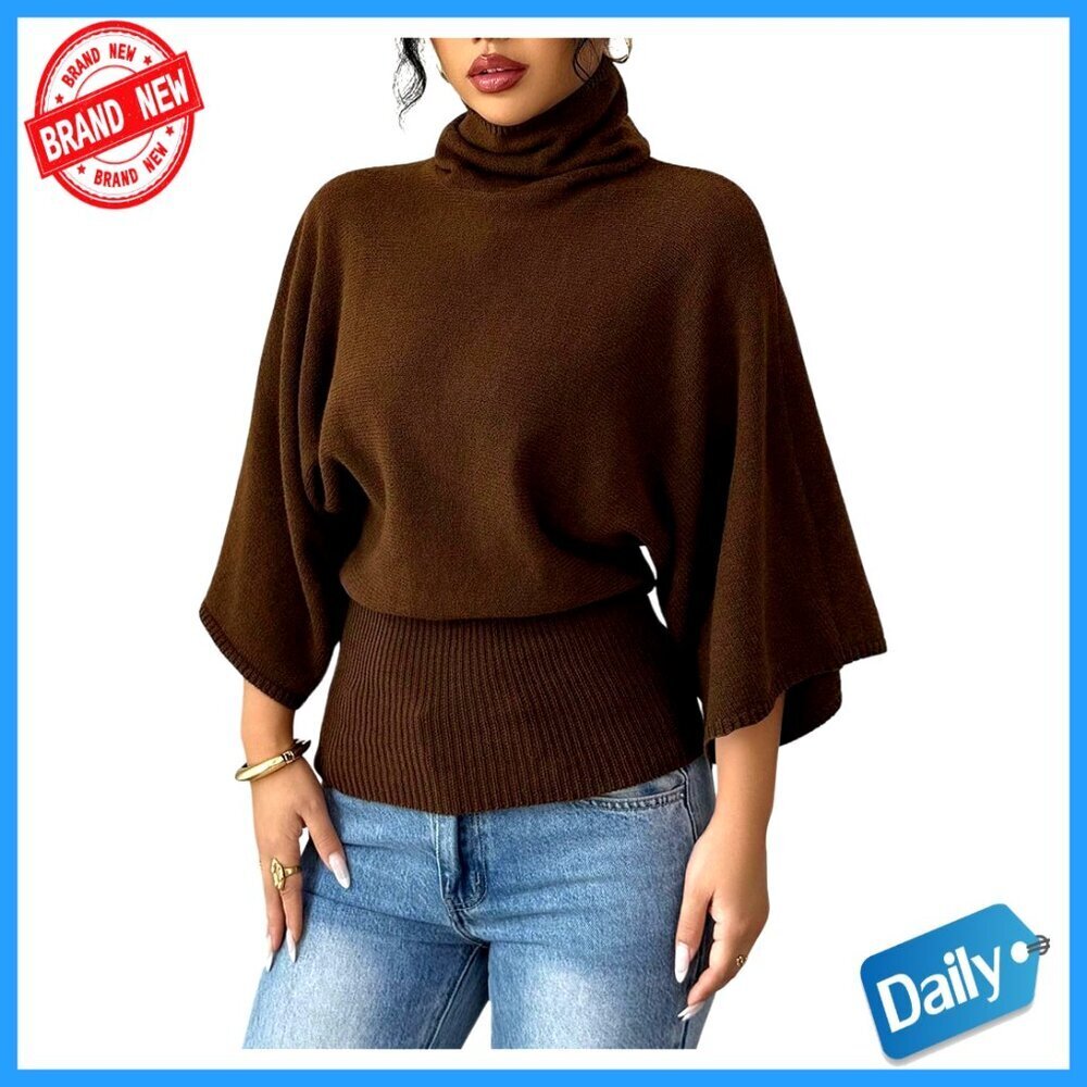 Women's Turtleneck Sweater 3/4 Sleeve Pullover Knitted Business Casual Top